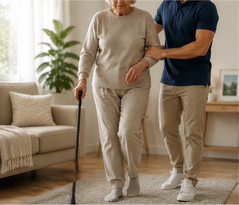 Physiothérapeute accompagnant une patiente âgée à la marche avec une canne