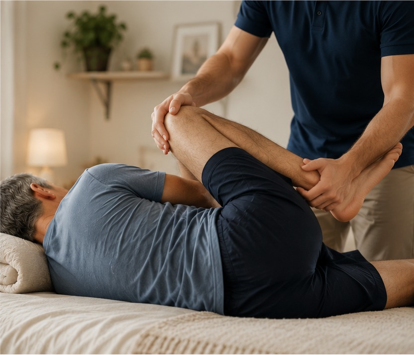 Physiothérapeute mobilisant le genou d'un patient