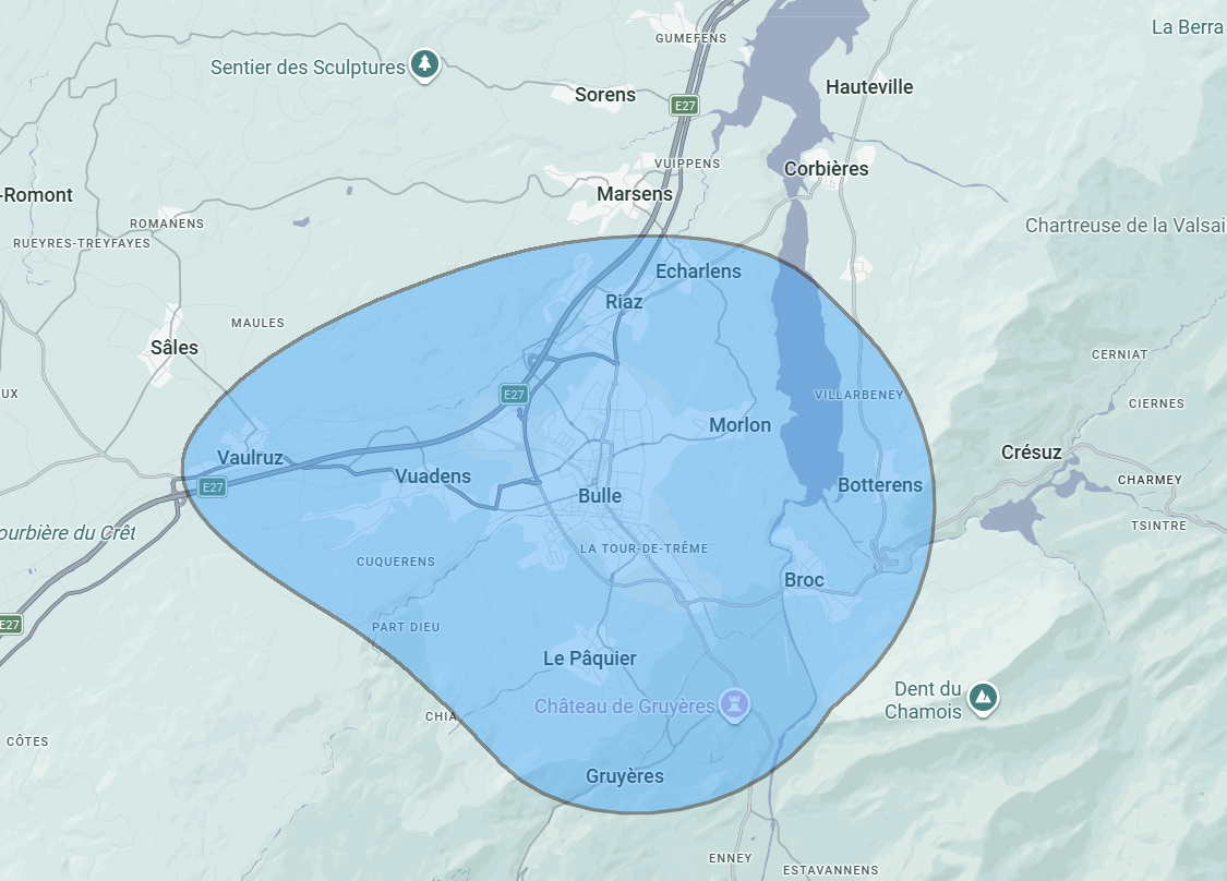 Carte de la zone d'intervention à domicile autour de Bulle, La Tour-de-Trême, Le Pâquier et Gruyères